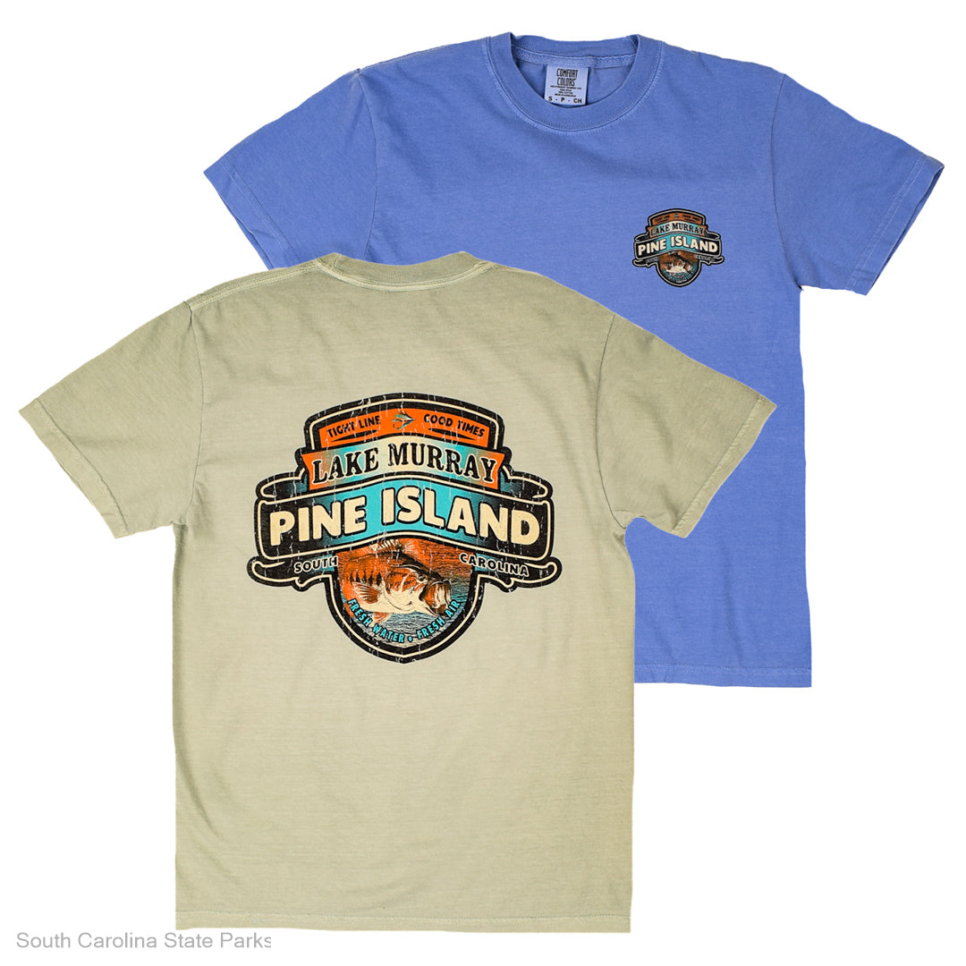 Two t-shirts, one blue and one beige with a graphic design, Lake Murray Pine Island Bass