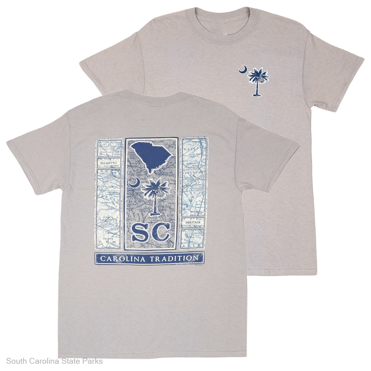 A light heather gray t-shirt shown from both front and back. The front features a small blue palm tree and crescent moon graphic on the left chest.