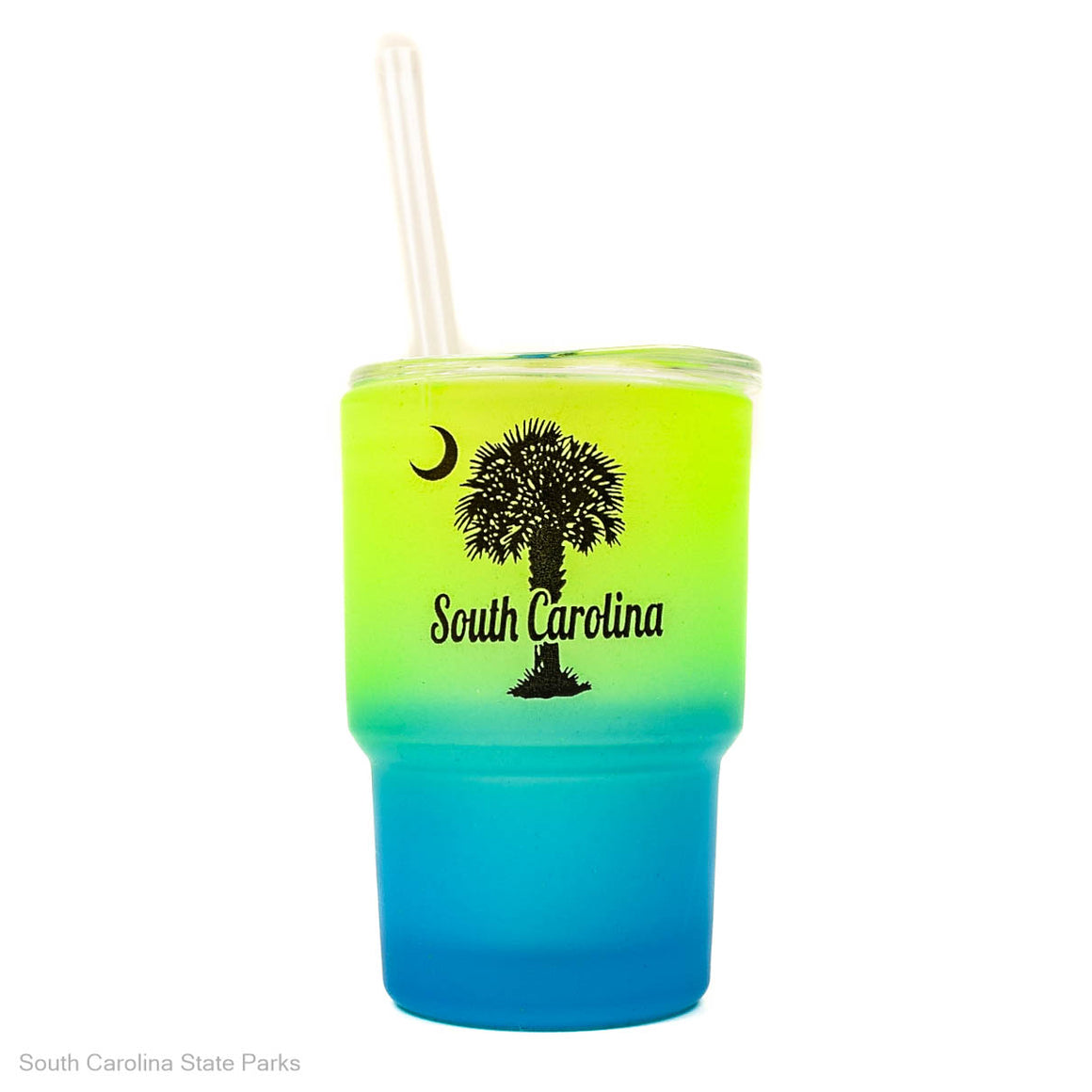 MINI GLASS TUMBLER WITH STRAW SOUTH CAROLINA PALMETTO & MOON