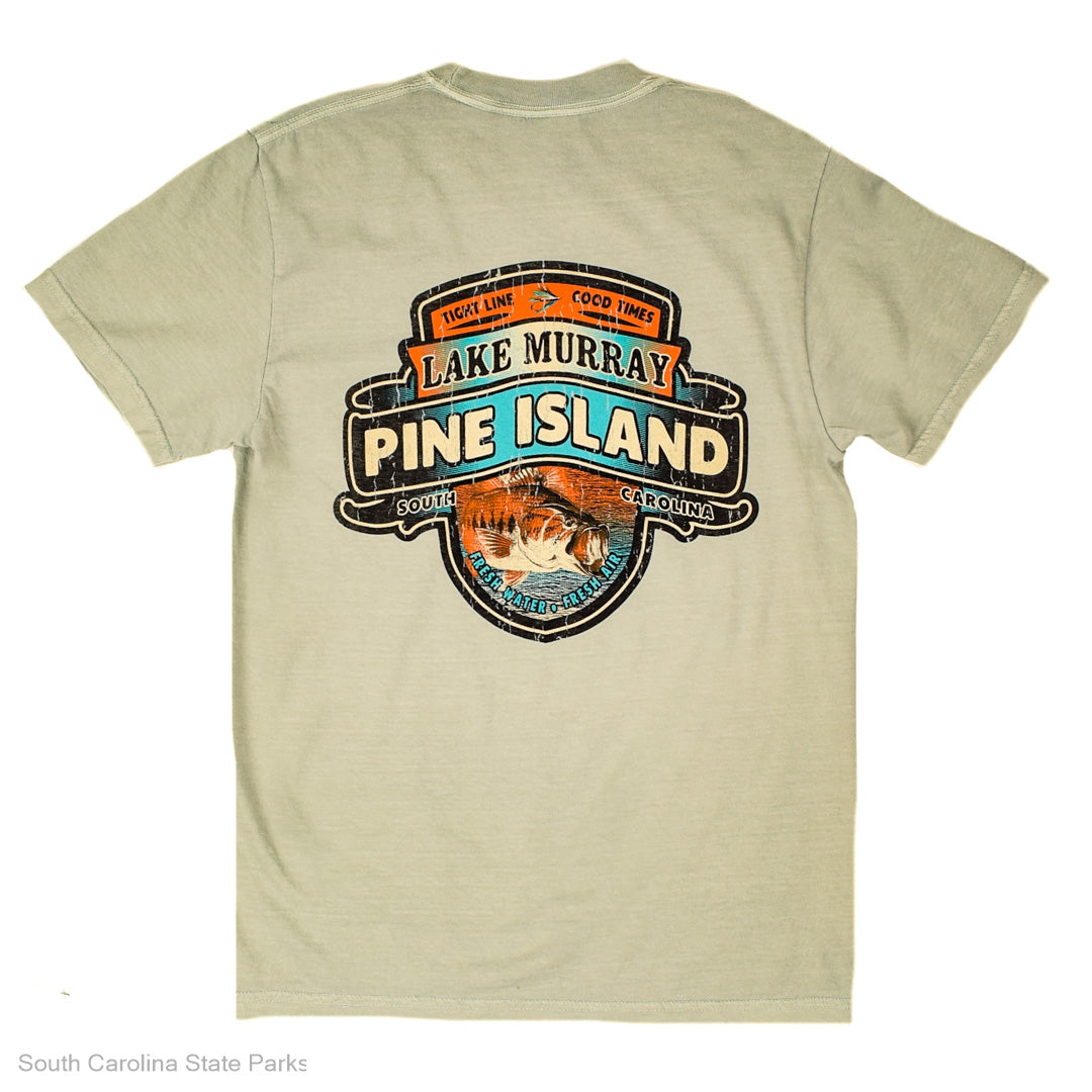 Two t-shirts, one blue and one beige with a graphic design, Lake Murray Pine Island Bass