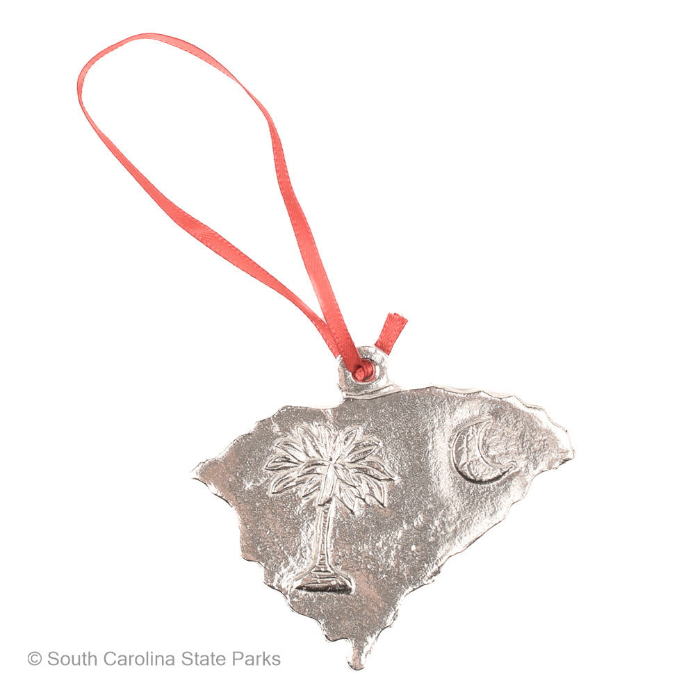 ORNAMENT PEWTER SHAPE OF SOUTH CAROLINA W/ PALMETTO & MOON