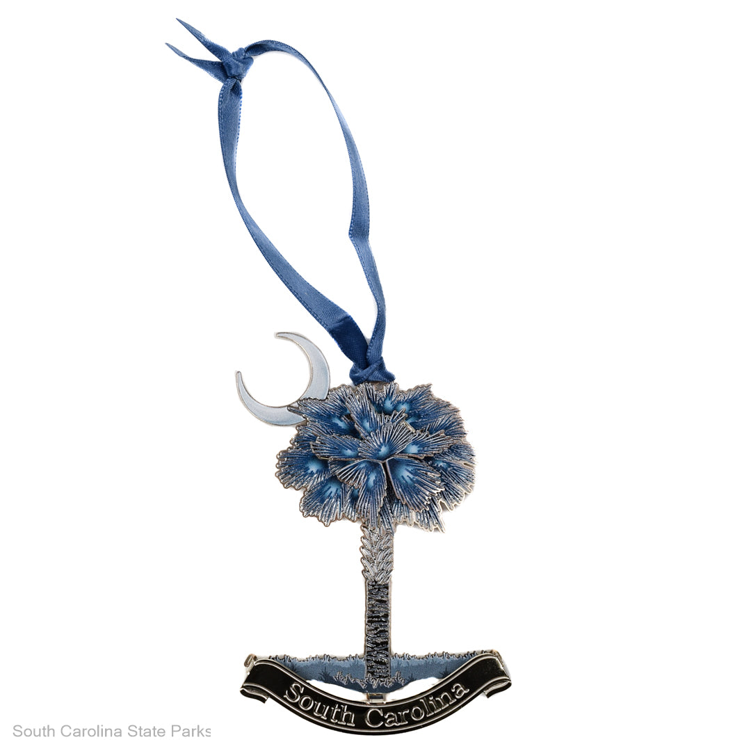 BRASS SC BLUE PALMETTO & MOON 3-D ORNAMENT