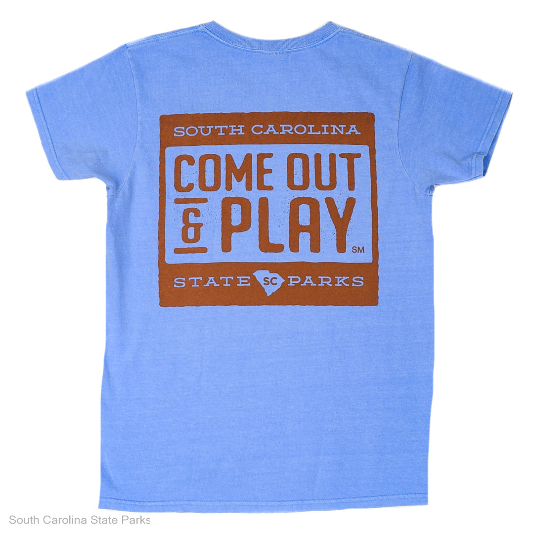come out and play, t-shirts, yellow and blue, with text and graphics related to South Carolina State Parks. be an outsider, short sleeve, unisex, 