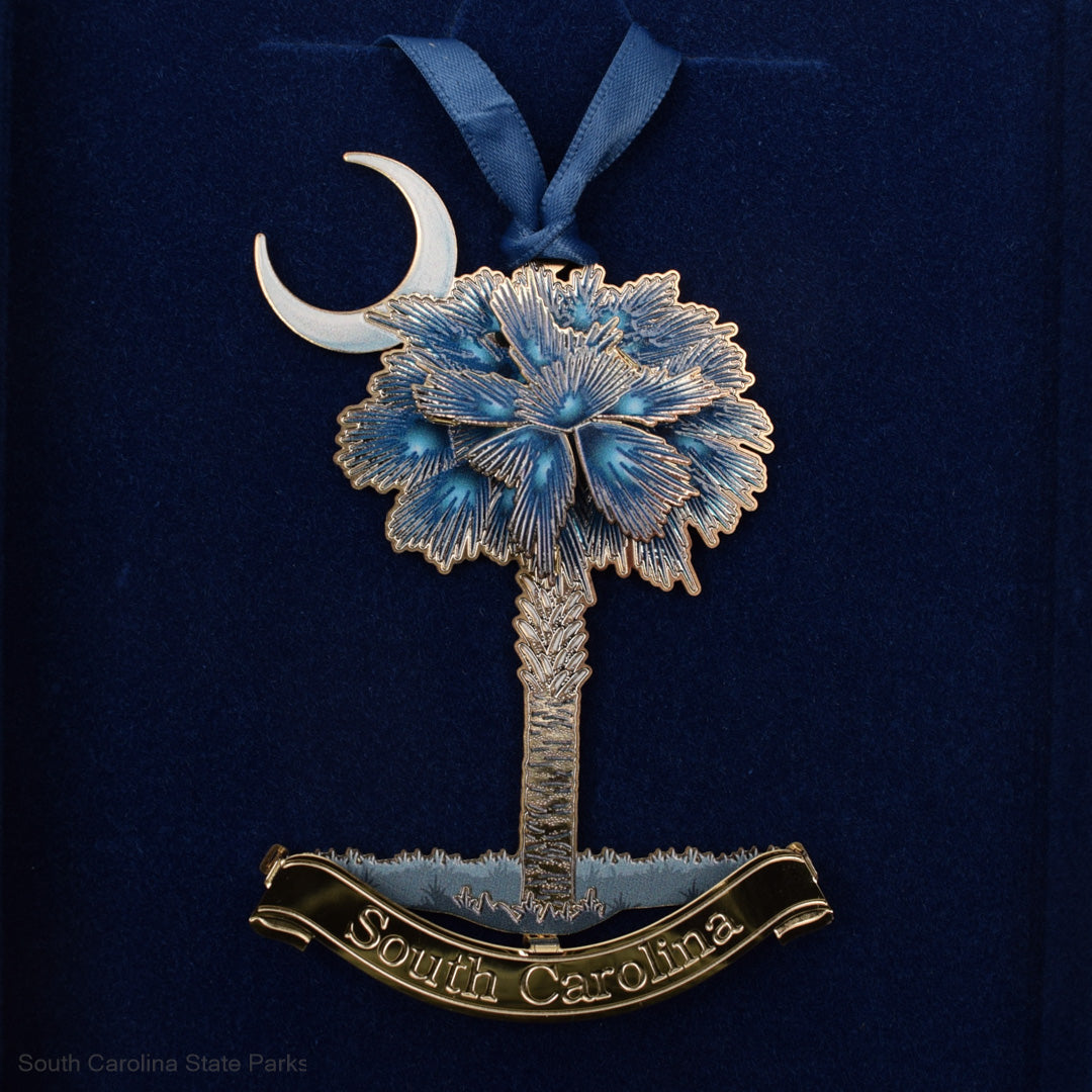 BRASS SC BLUE PALMETTO & MOON 3-D ORNAMENT