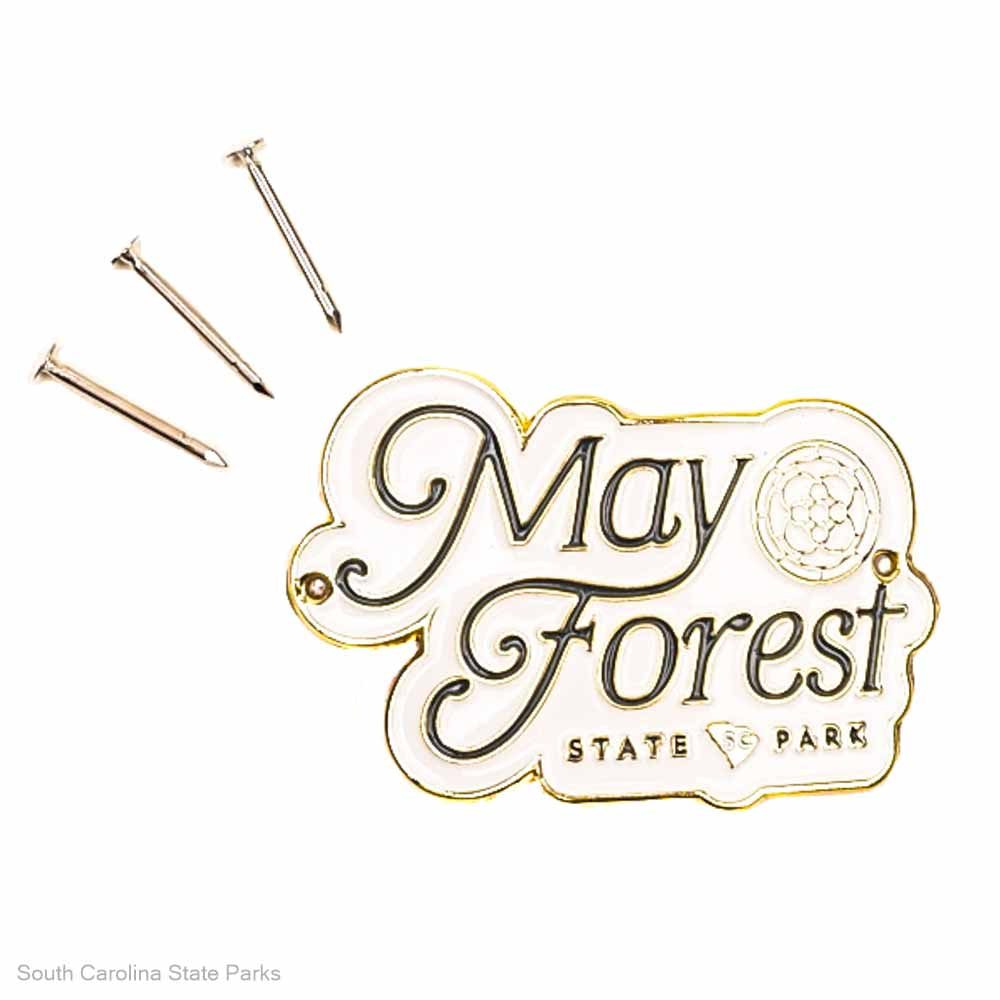HIKING STICK MEDALLION MAY FOREST LOGO