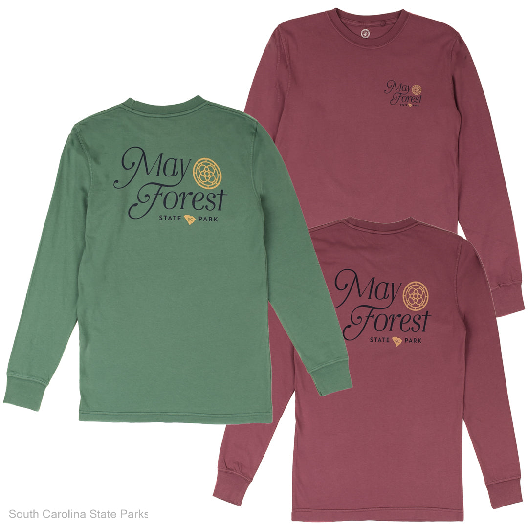 Two long-sleeve shirts, one green and one maroon, with 'May Forest State Park' text on a white background.