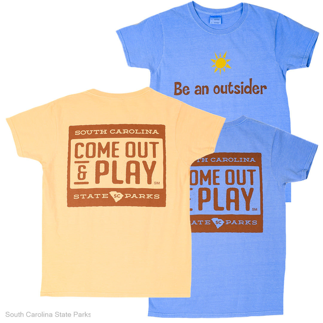 come out and play, t-shirts, yellow and blue, with text and graphics related to South Carolina State Parks. be an outsider, short sleeve, unisex, 
