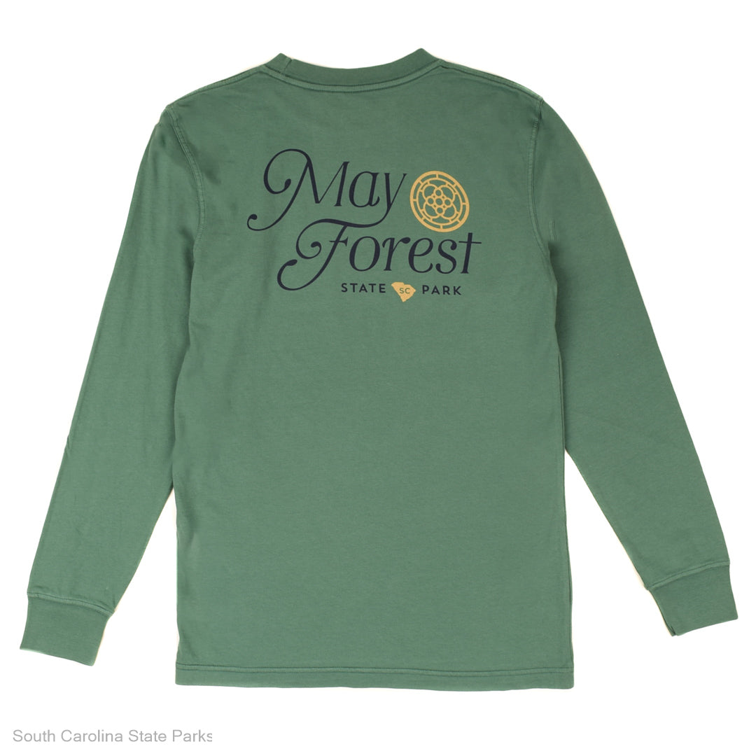 Two long-sleeve shirts, one green and one maroon, with 'May Forest State Park' text on a white background.