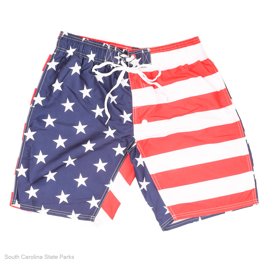 American flag-themed swim shorts on a white background